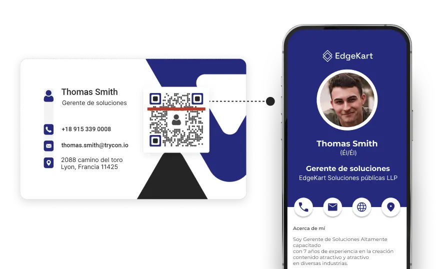 Visual depicting a device scanning a Business Card QR Code to access professional details of an individual.