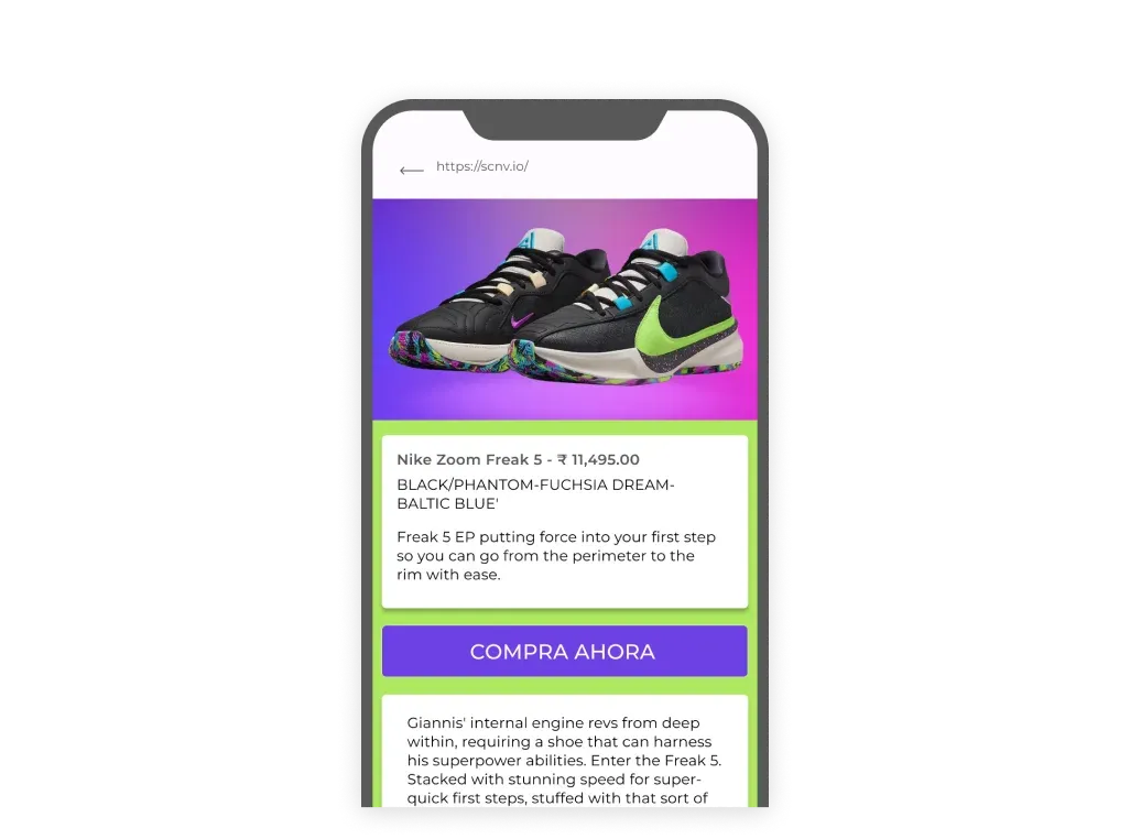 Pantalla que muestra la descripción del producto y la imagen de las zapatillas.