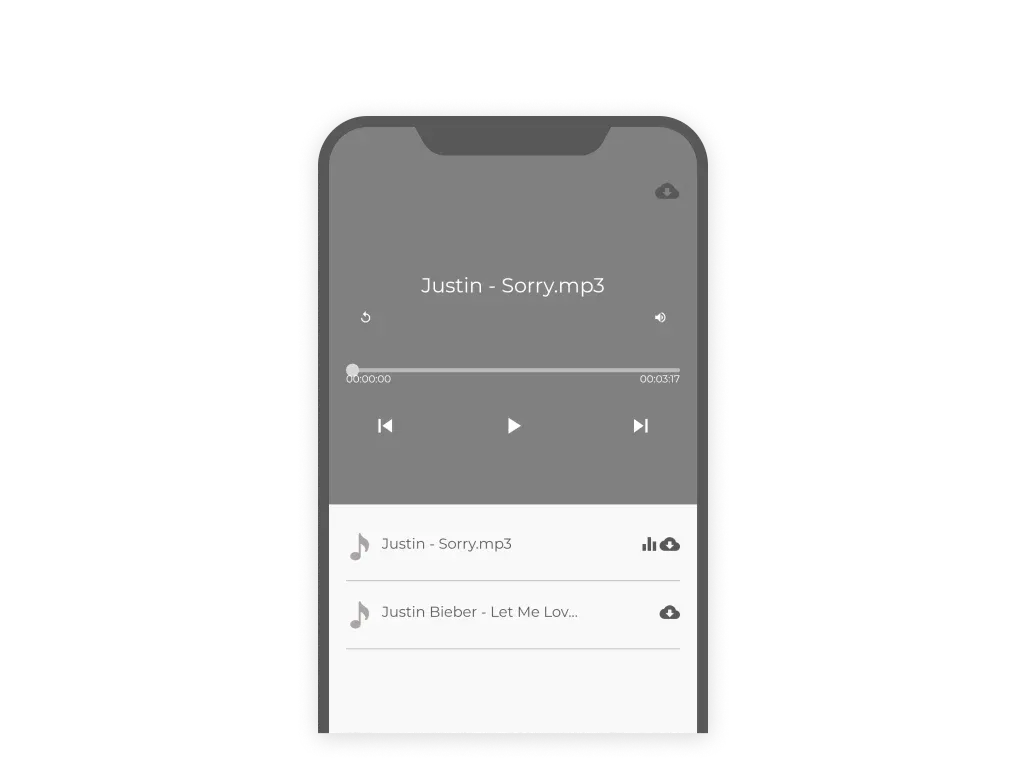 Pantalla que muestra una lista de archivos de audio que el usuario puede reproducir.