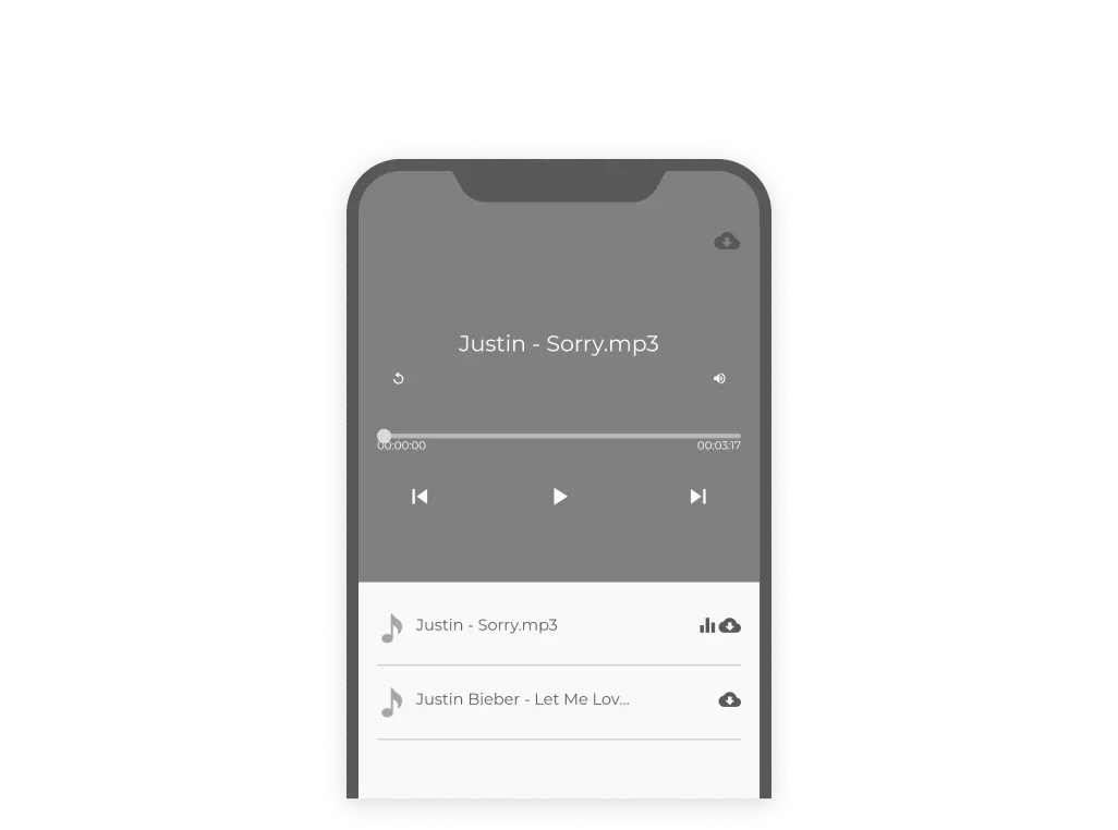 Pantalla que muestra una lista de archivos de audio que el usuario puede reproducir.