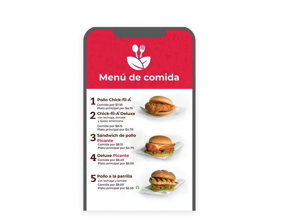 Pantalla que muestra el menú de comida.