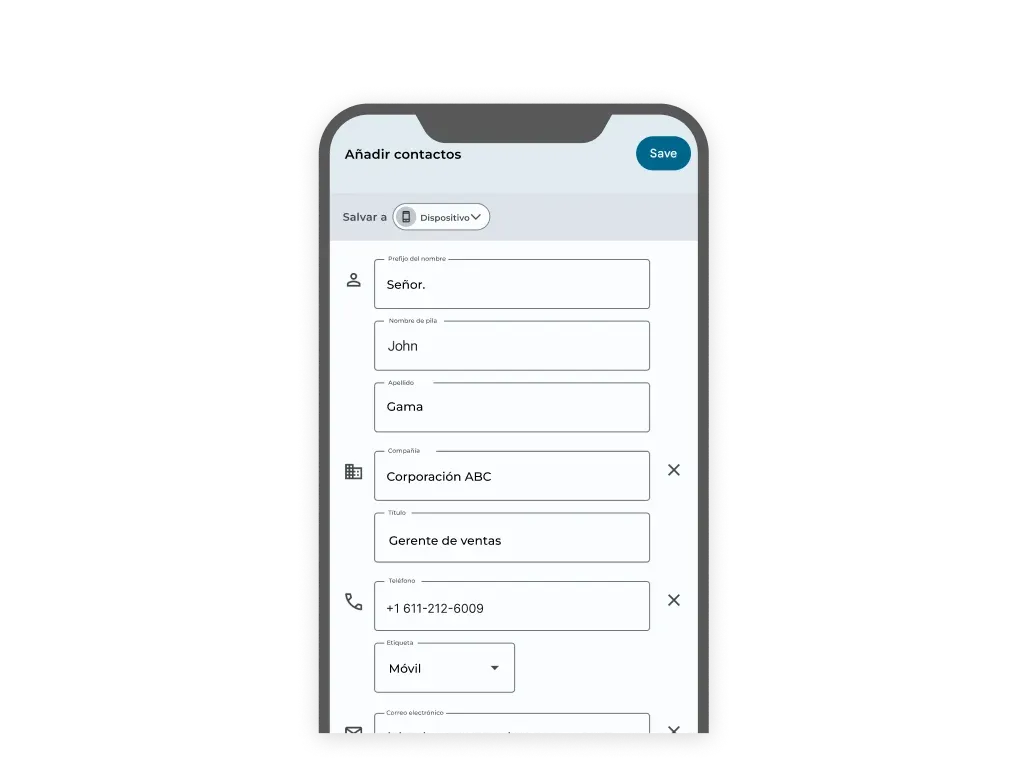 Pantalla que muestra una VCard simple.