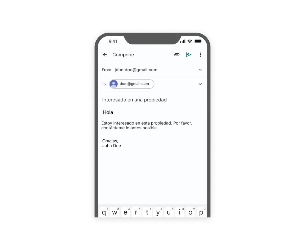 Pantalla que muestra el correo electrónico precargado.