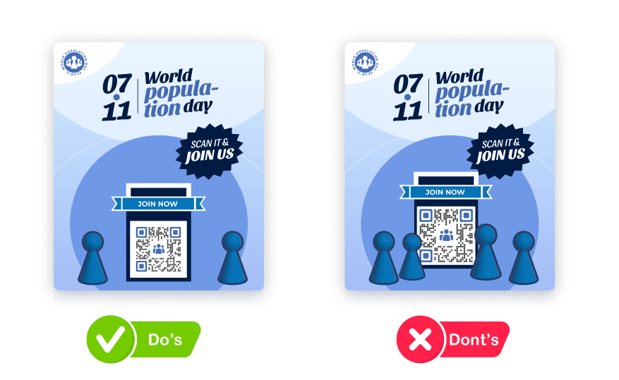 Two event posters with QR codes and a 'Join Now' frame comparing effective whitespace use enhance clarity and prevent clutter.