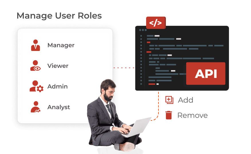 A man with a laptop assigning roles and adding or removing people programmatically, with Scanova's dynamic QR code API.