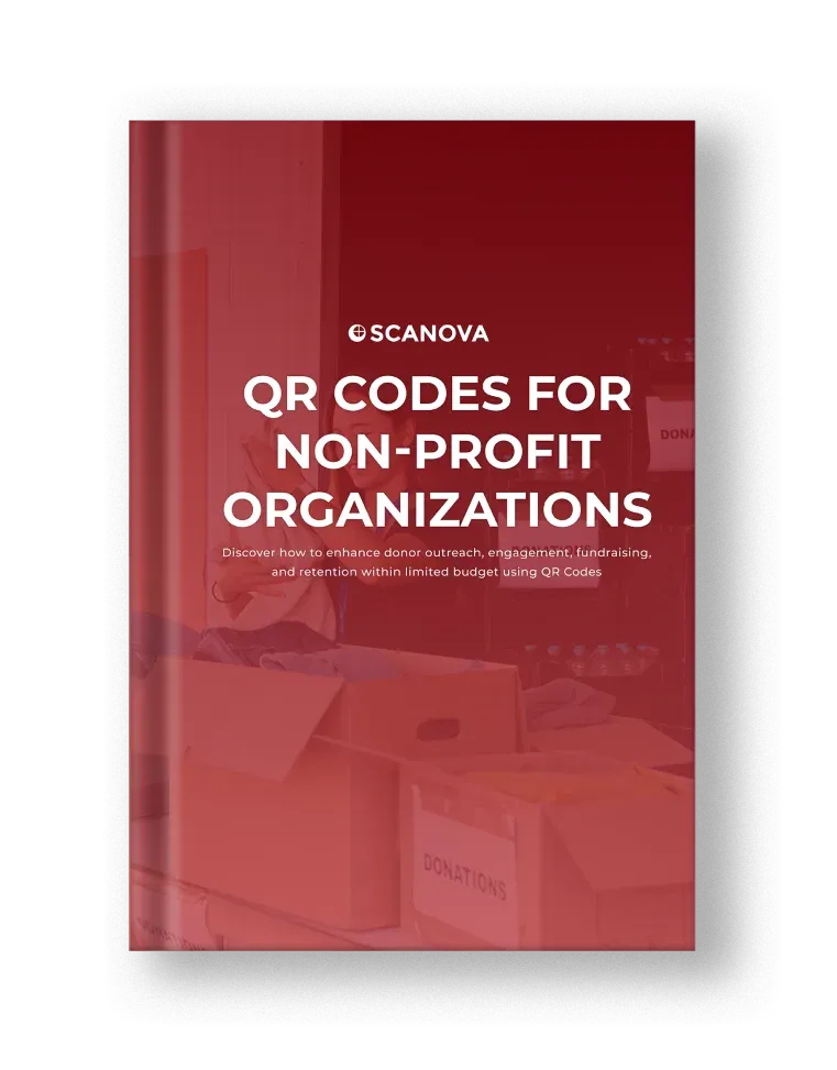 Red e-book titled 'QR Codes for Non-Profit Organizations' with Scanova's logo, offering tips to promote causes & gain support