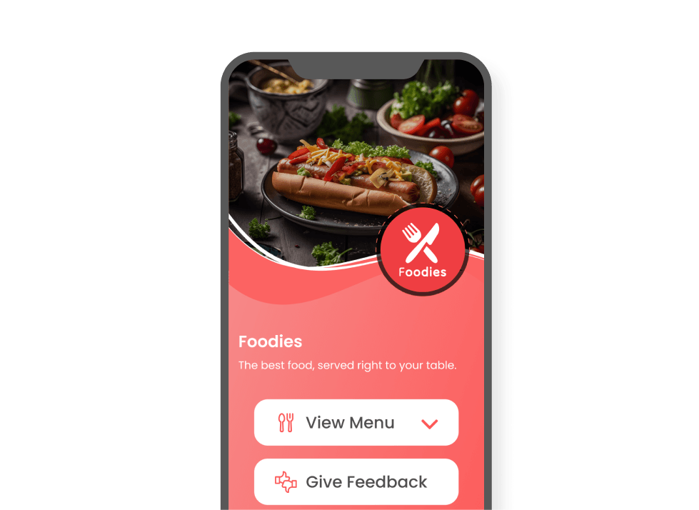 Smartphone showing Foodies QR code landing page with menu, feedback form, social links, scan QR for personalized content.
