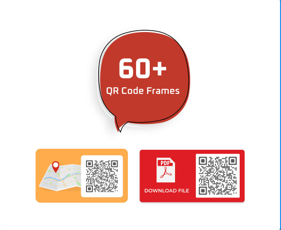 A text bubble with text 60+ frames, showing a range of QR code frame designs provided by Scanova for all types of projects. 