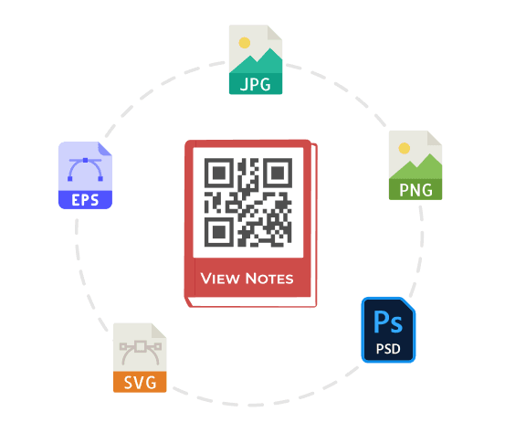 QR code with a book frame circled by image format icons, showing that frames can be generated in various sizes and formats.