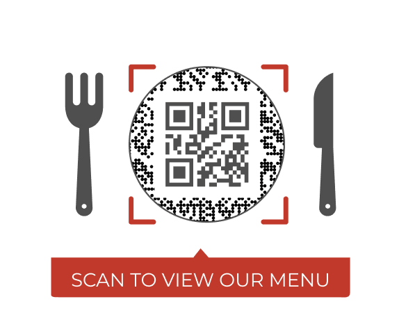 Circular QR code with red corner accents, fork and knife, and 'Scan to view our menu' text for a clear CTA to boost conversions.