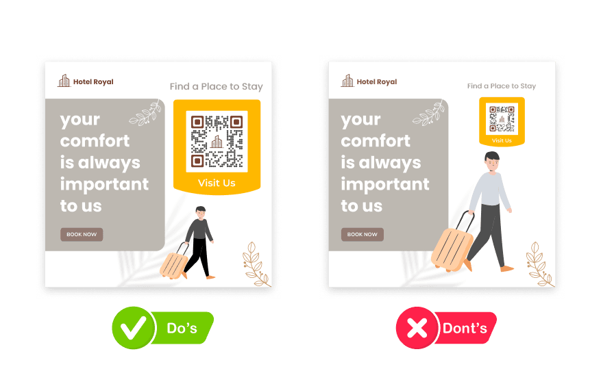 Comparison of posters showing larger QR codes with proportional frames improves visibility and draws attention.