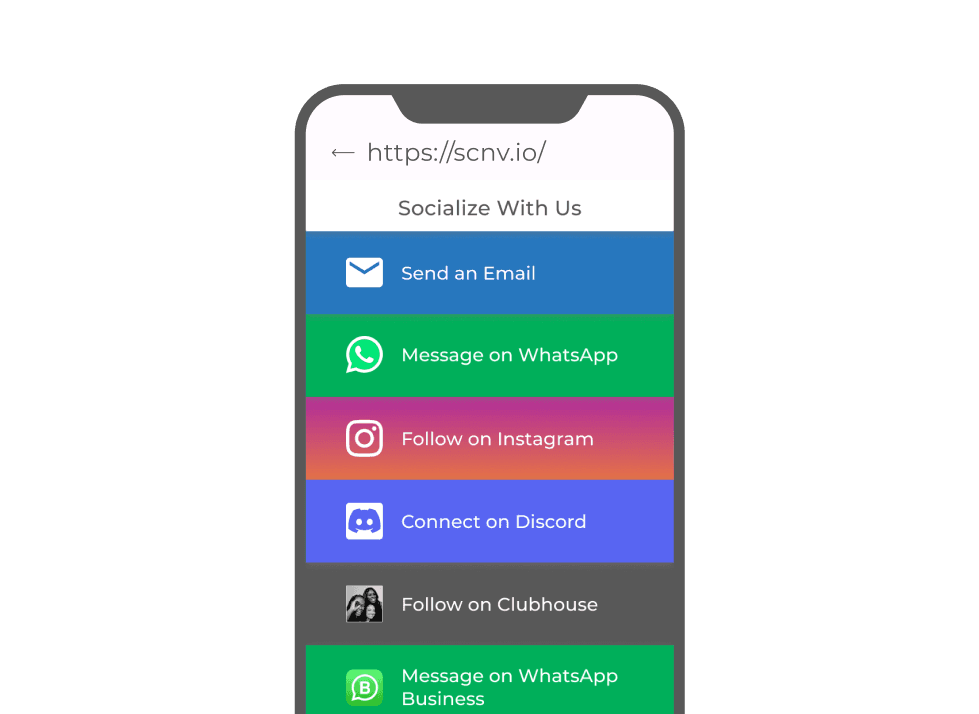 Smartphone displaying Scanova's social media links; scanning the QR code redirects to a landing page with all social profiles