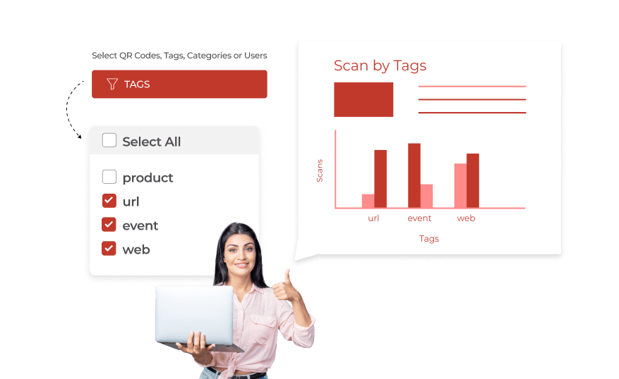 A woman using laptop to monitor QR scans, providing analytics at tag, user, and category levels in QR Code Tracking.