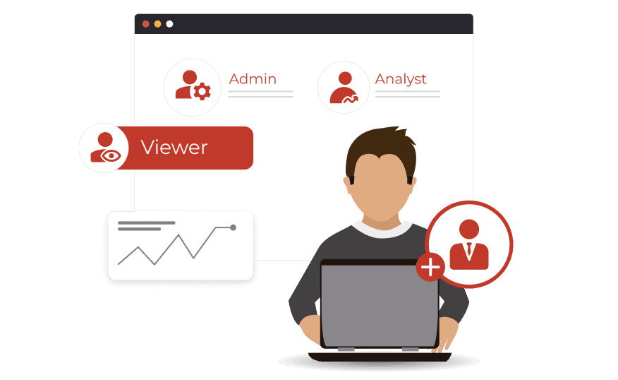 Illustration of a man facilitating team collaboration by adding members and assigning detailed permissions for each role.