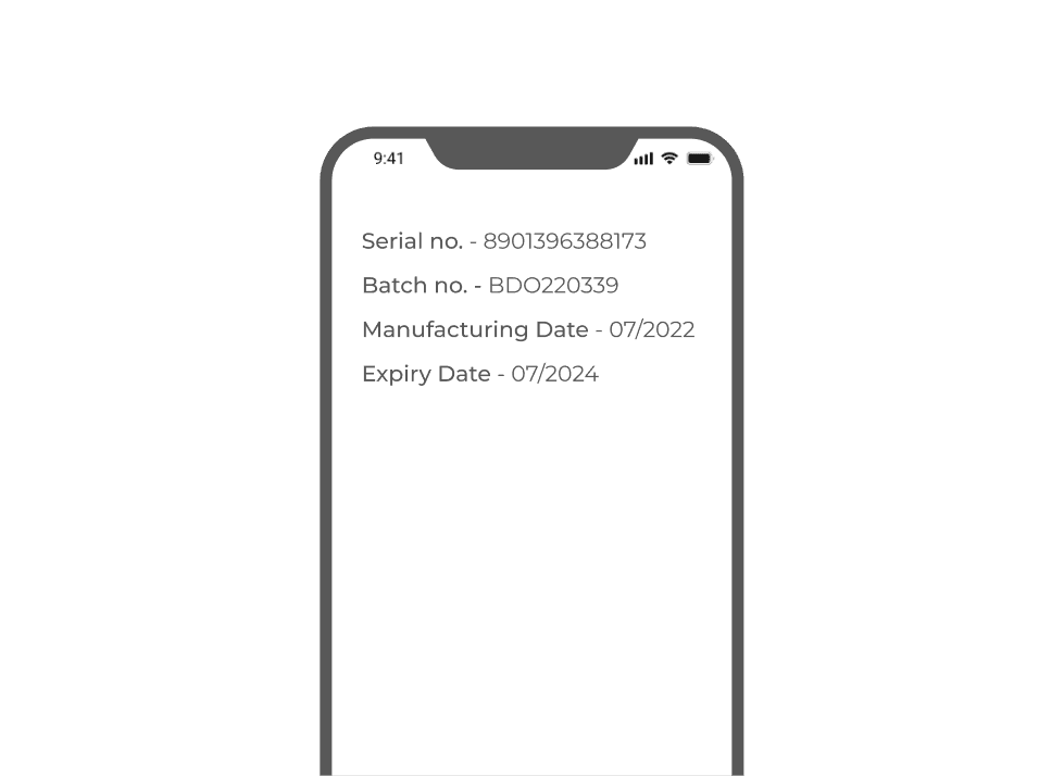 Smartphone displaying product details including serial number; QR code scan reveals plain text information for quick access.