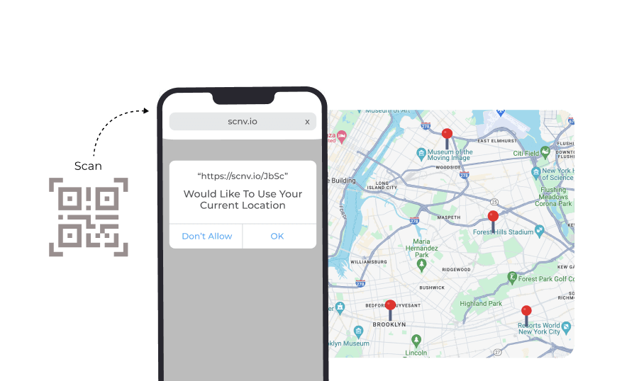 Smartphone showing a request for location access showing QR Code Tracking feature for tracking scans by exact GPS location.