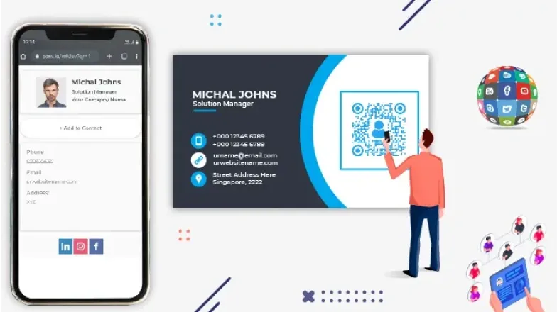 A person scans a physical business card, opening Michal Johns' digital business card with Scanova’s QR code generator.