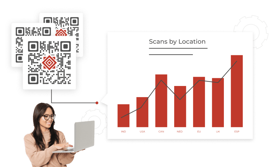 A woman analyzes QR Code scan data by location on her laptop, showcasing Scanova's analytics for informed decision-making.