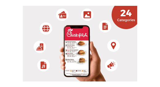 Screen showing Chick-fil-A menu with QR code categories, showcasing our wide range of QR code options for various needs.