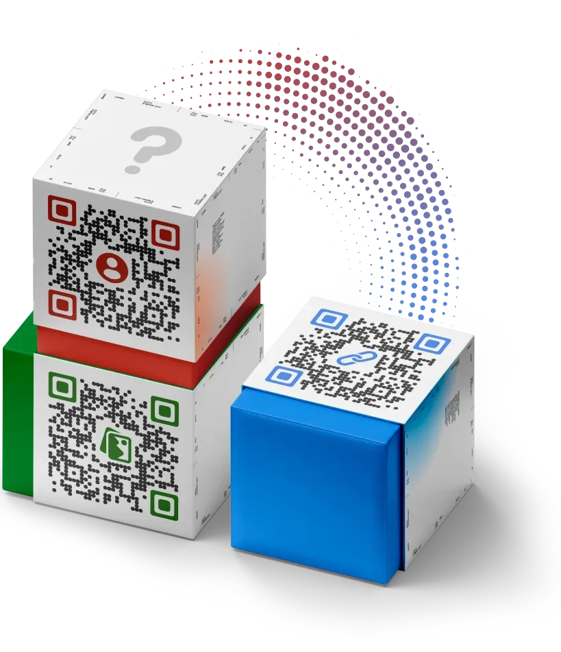 Colorful cubes with various QR codes and a question mark on top, represent beginners' doubts about the QR code generator.